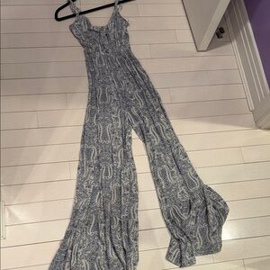 Smocked Paisley Wide-Leg Jumpsuit - Blue